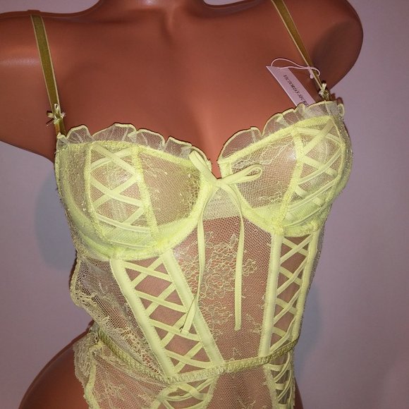 Victoria Secret Lingerie Teddy One Piece Bodysuit Yellow Wicked Lace Fairy Cotta - Picture 5 of 16